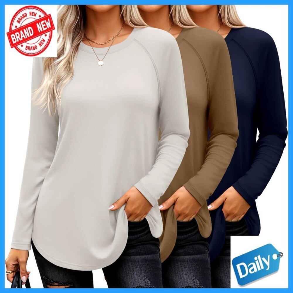 3 Pack Long Sleeve Tunic Tops Raglan Sleeve Loose Fit Side Split Hem